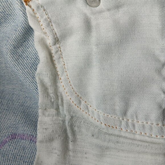 Jean Shorts Womens 34 Patchwork Hippie Upcycled Distressed Floral Blue OOAK READ - Picture 8 of 16